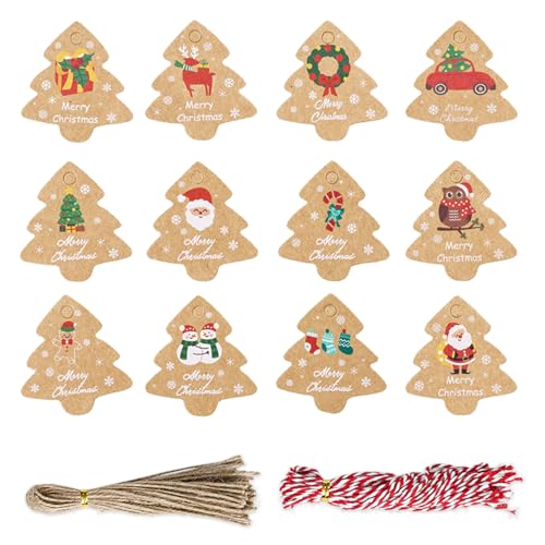Vlecexs Etichette Regalo di Natale, 96 Pezzi Etichette Regalo Kraft Natale, Targhette in Cartoncino Natalizie con Filo di Cotone e Spago per Pacchi Regalo di Natalizi Addobbi l'albero di Natale