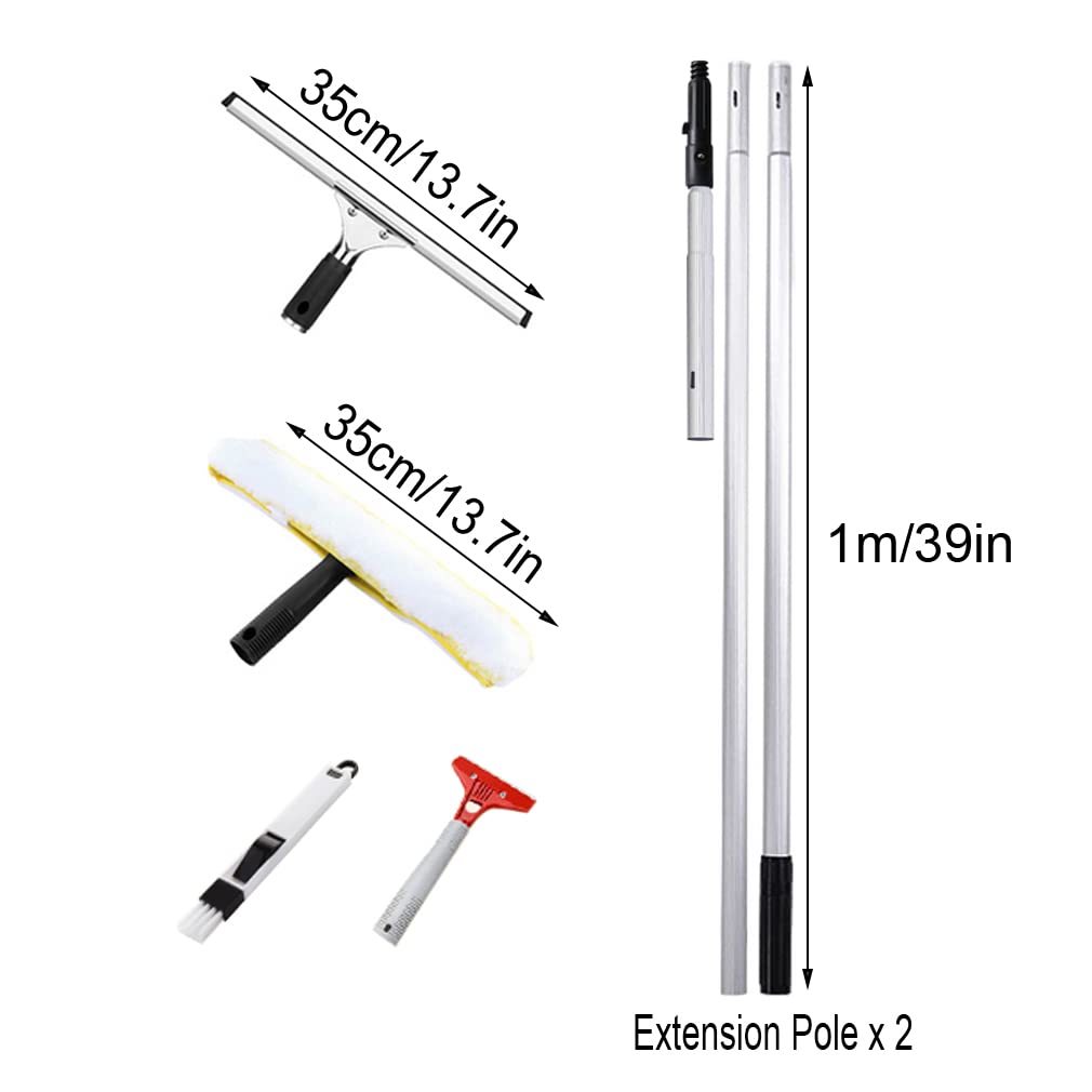 Limpiacristales para ventanas con limpiador de microfibra con mango de 2,4 m de largo, rasqueta ligera de aleación de aluminio, barra de limpieza de ventanas para un fácil acceso y ventanas brillantes