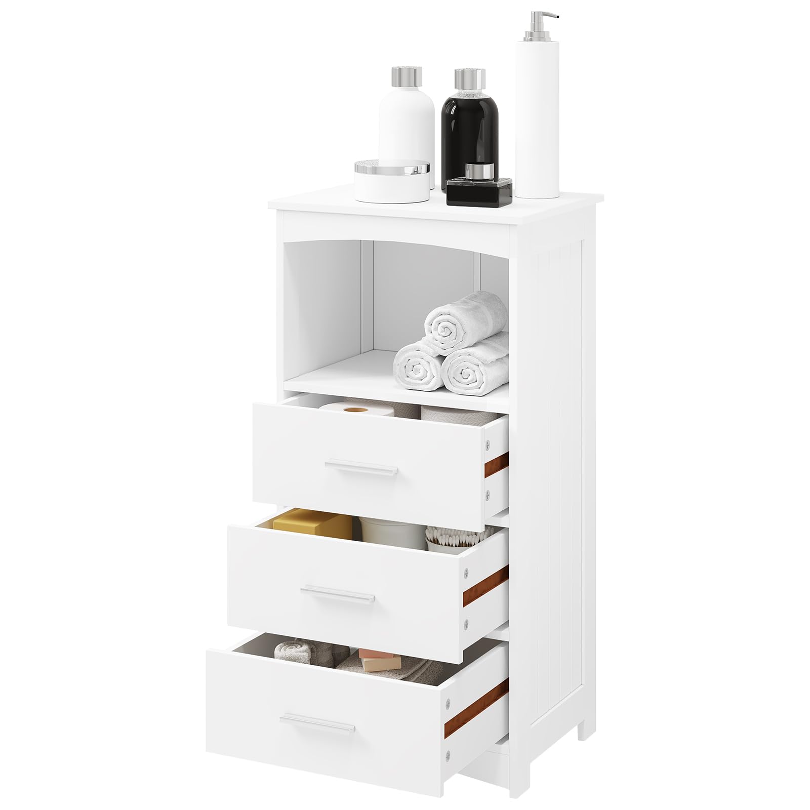 EUGAD Armario Estrecho, Armario de Columna, Mueble Auxiliar Baño con 3 Cajones y 1 Compartimiento Abierto, Mueble Baño Almacenamiento, 40x26,5x80 cm, Blanco