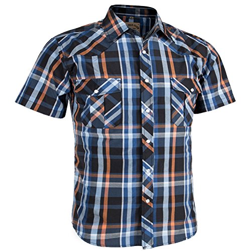 COEVALS CLUB Men's Casual Plaid Pearl Button Snap Front Short Sleeve Shirt Regular Fit (Orange/Blue #5, S)