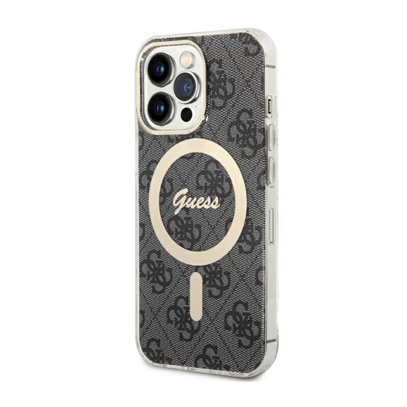 CG MOBILE Guess Coque de téléphone compatible avec Magsafe - Coque de téléphone pour iPhone 13 Pro en noir 4G avec logo anneau doré anti-rayures, confortable et durable avec ports accessibles