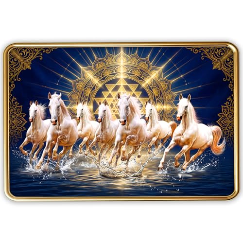 Image of Dharvika Innovations Vastu 7 Seven Running Horse Photo Frame, Golden Slim Frame, Sparkle Coated Lamination, 30x45 cm (Design 6)