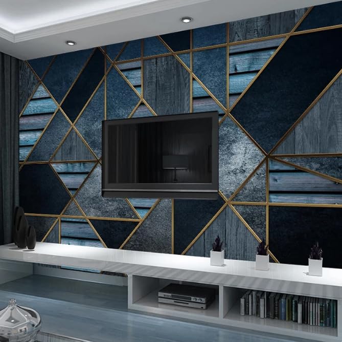 Papier peint moderne bleu 3D de 300x210cm avec motif géométrique imitation bois