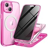 TIESZEN for iPhone 15 Case, Compatible with MagSafe, Built-in Privacy Screen Protector and Camera Protection, Anti Spy Full Body Dustproof Shockproof Hard Phone Case 6.1', Fluorescent Pink