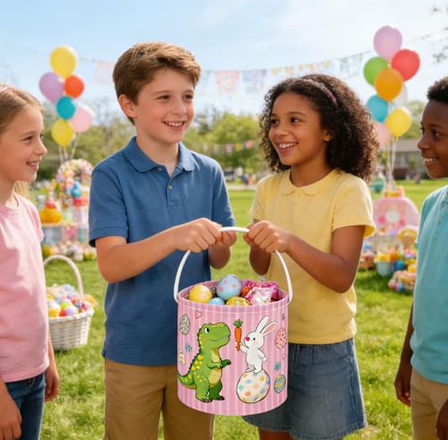 Image of Essme Easter Dinosaur Basket,Kids Easter Basket for Dinosaurs Decor,Dinosaurs Baskets,Gifts for Girls and Boys,Book Bins Empty.(Pink Dinosaur)