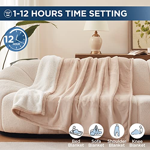 Westinghouse Electric Blanket Heated Blanket | 10 Heating Levels & 1 To 12 Hours Heating Time Settings | Flannel To Sherpa Reversible 62X84 Twin Size | Machine Washable, Beige #TOP3