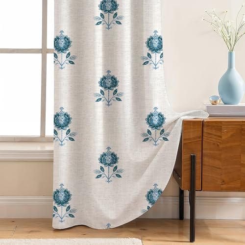 Image of LINENWALAS Printed Blackout Curtains for 7 Feet Door | Set of 2 | Printed Drapes | Thermal Insulated, Room Darkening Panels with Grommet Hanging for Living Room (Cornflower Motif)