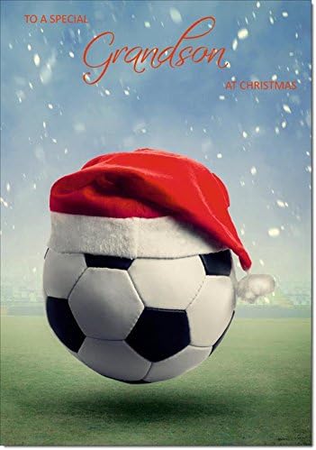 Doodlecards Doodlecards Grandson Christmas Card Football with Santa Hat - Medium Size
