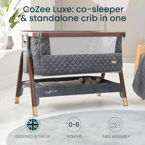 Image of Tutti Bambini CoZee Luxe Bedside Bassinet, Walnut /Slate | Portable Crib, Adjustable Crib for Newborns, Travel Case Included, 0-6 Months