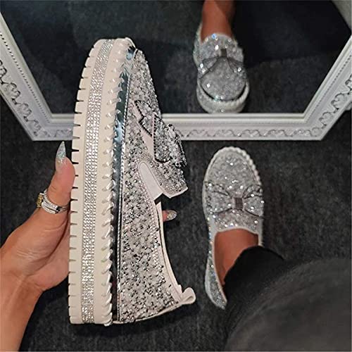 HINDOLA Women's Platform Rhinestones Glitter Sneaker Cute Bow Slip On Comfort Sequin Shiny Flat Loafers Casual Walking Shoes4