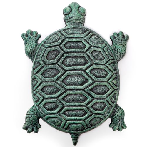 Lawei Cast Iron Turtle Stepping Stone, Sturdy Metal Stepping Mat for Front Door, Garden, Lawn and Yard, Verdigris Tortoise Decorative Stone Path Paver for Outdoor Walkway, 12.5 x9.4 Inch