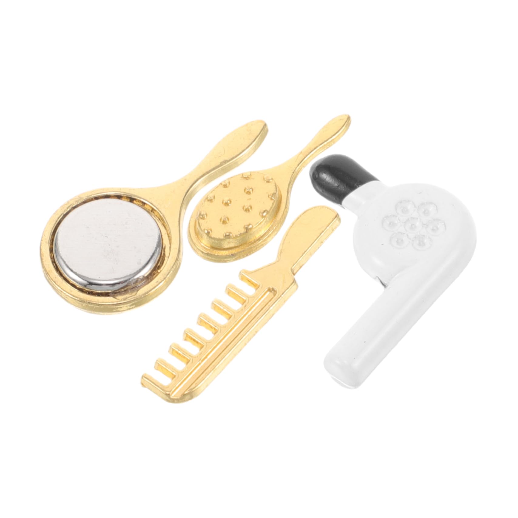 HONMEET 4pcs Alloy Hairdressing Tools Dollhouse Realistic Hairbrush Mirror and Hair Dryer for Boy Girl Makeup and Decoration Dollhouse Settings