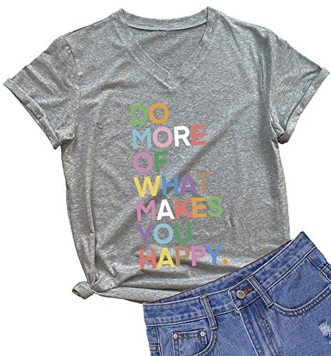 MIMOORN Womens V Neck Fun Happy Graphic Tees Summer Cute Letter Printed T-Shirts Grey Medium