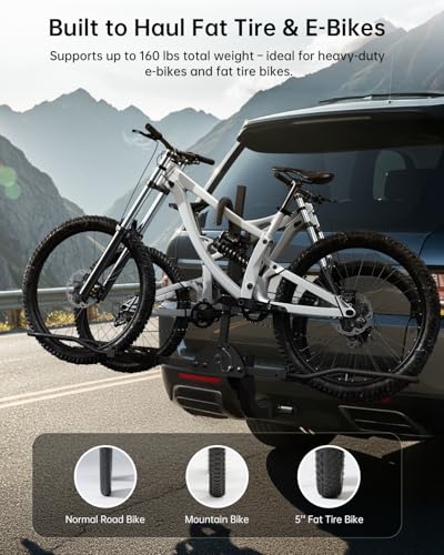 Bike Rack Hitch Mount, 160 lbs 2-Bike Racks for Ebikes, Fat Tire Bike, Ebike Rack for Cars Trucks SUVs Minivans, 2\" Hitch Receiver