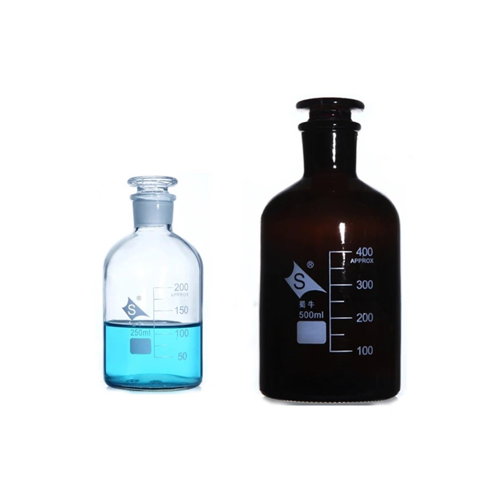 Botella para reactivos de Laboratorio, Botella de reactivo de Boca Estrecha de Vidrio común marrón/Transparente de Boca pequeña.(250mL 2pcs)
