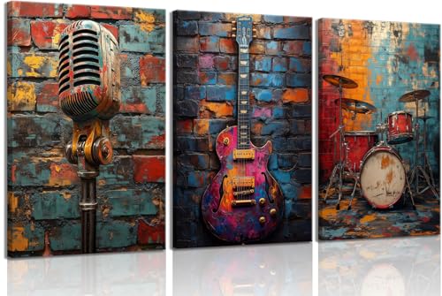 3Pcs Graffiti Musical Instruments Canvas Wall Art Cool Music Theme Posters Print Artwork Modern Colorful Room Painting Pictures Wall Decor for Studio Gallery Home Decoration 12x16In Framed