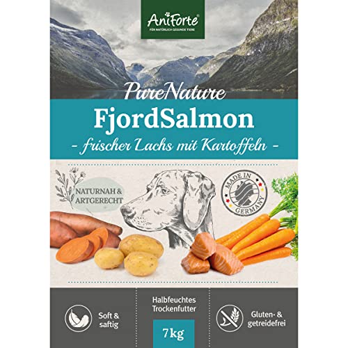 AniForte Lachs Trockenfutter für Hunde 7kg – Frischer Lachs mit Kartoffeln & Vitaminen, Halbfeuchtes Trockenfutter, Hundefutter trocken getreidefrei & glutenfrei für Allergiker