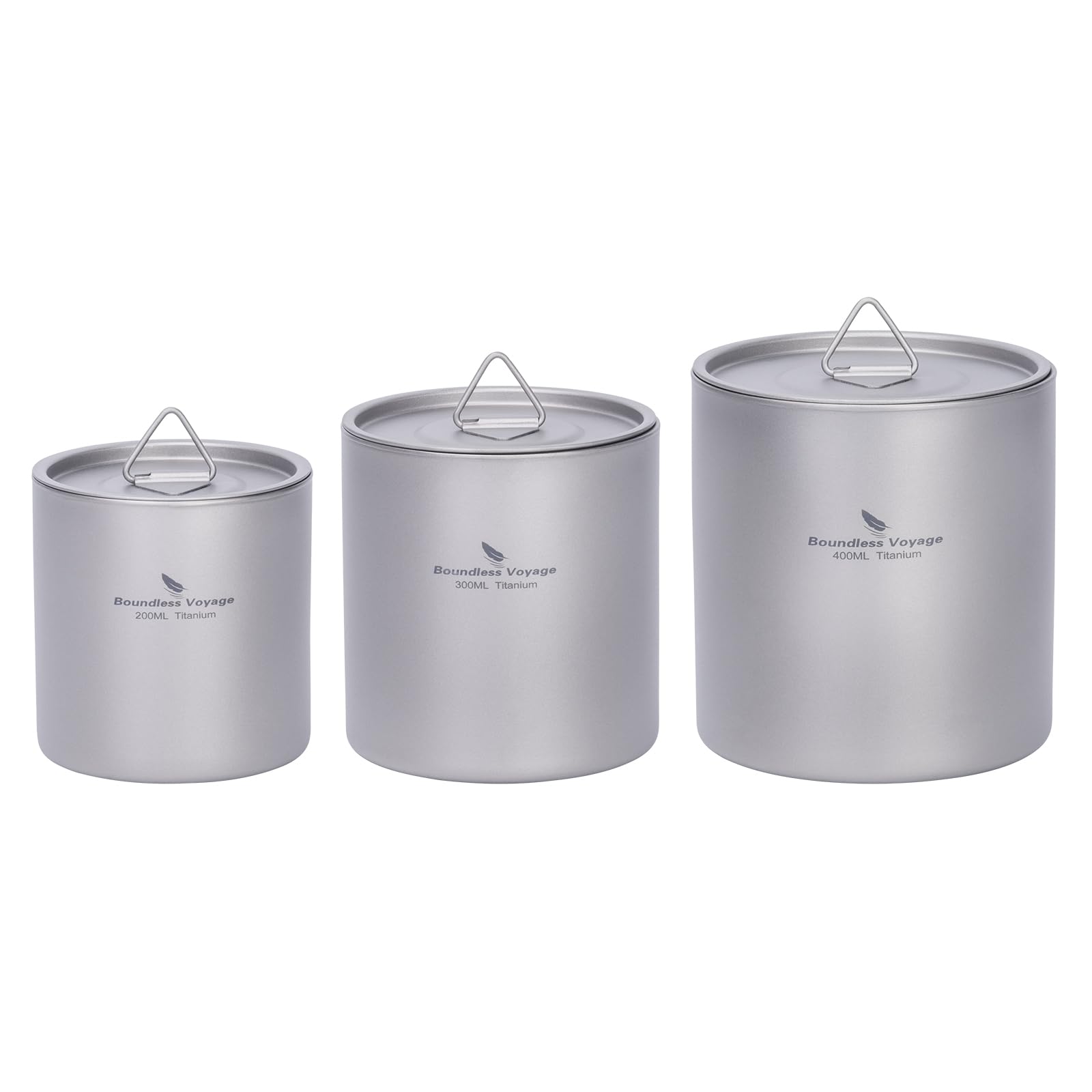 iBasingo Ti3244D Tasses à double paroi en titane avec couvercle 200 ml, 300 ml et 400 ml, ultra légères, empilables, en métal, pour thé, café, boisson portable pour extérieur, camping, voyage, usage