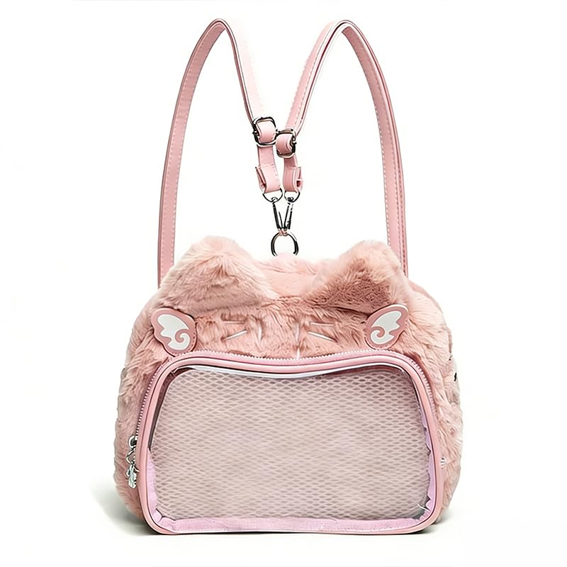 Para Fãs Mochila de Pelúcia Rosa em Formato de Gato，Bolsa Ita Transparente Para Pins Anime,Japonesa/Coreana/Kawaii Mochila Estilo Y2K，com Placa Para Exibição