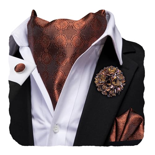 Image of Hi-Tie Silk Ascot for Men Self Tie Men's Cravat and Flower Lapel Pin Handkerchief Cufflinks Set for Wedding Party
