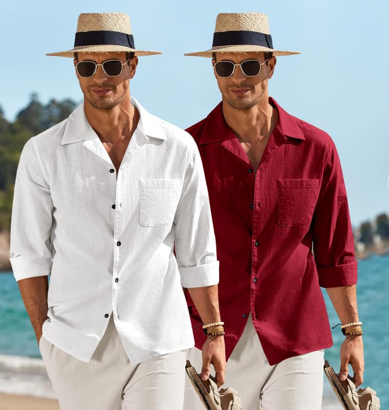 Image of Combo of Men's Casual Cotton Blend Shirt || Long Sleeve Button Down with Spread Collar | Lightweight Breathable Fabric | Stylish Solid Shirt for Beach, Office & Everyday Wear Pack of 2