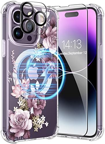 GVIEWIN for iPhone 14 Pro Max Case Compatible with MagSafe, [Screen Protector + Camera Lens Protector] [MIL-Grade Protection] Magnetic Floral Clear Shockproof Women Phone Cover(Cherry Blossoms/Purple)