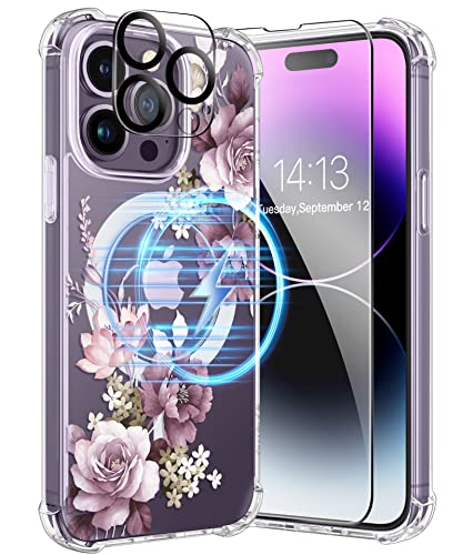 Gviewin For Iphone 14 Pro Max Case Compatible With Magsafe, [Screen Protector + Camera Lens Protector] [Mil-Grade Protection] Magnetic Floral Clear Shockproof Women Phone Cover(Cherry Blossoms/Purple) #TOP9