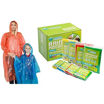 Lingito Rain Ponchos Family Pack - Emergency Drawstring Hood Poncho for Children & Adults Lightweight Reusable or Disposable