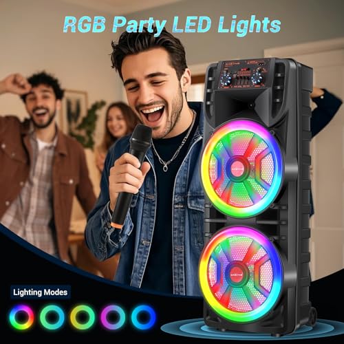 ROXAAN Dual 12’’ Wireless Party Bluetooth Speaker with Microphone, Remote, Portable PA Speaker System, RGB LED Party Lights, Karaoke Machine with Treble & Bass, FM/AUX/USB/TF/TWS/Echo - Thumbnail 6