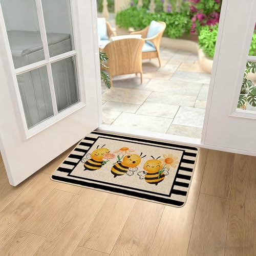 Baccessor Spring Doormat 17x29 inch, Bee Flower Black Stripe Welcome Door Mat Rug for Floor Non Slip Rubber Backing Seasonal Holiday Decor for Indoor Outdoor — view 2