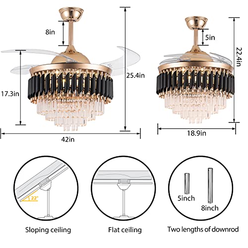 Shinleypack Crystal Ceiling Fan With Light,42 Inch Crystal Crystal Luxury Chandelier, Modern Retractable Ceiling Fan 6 Speeds Indoor Chandelier Fan For Bedroom Living Room Dining Room #TOP1