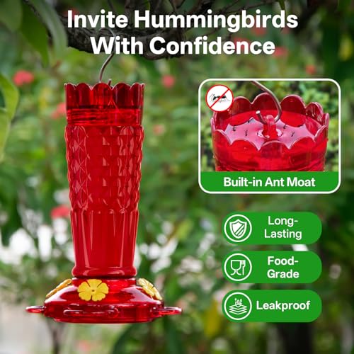 Plastic Hummingbird Feeders for Outdoors Hanging, 2 Pack 14OZ Ant & Bee Proof Humming Bird Feeder, 4 Feeding Ports Leak Proof Hummingbird Feeder for Outside Garden Decor, Red - Image 3