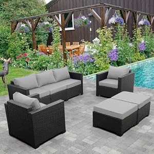 Rattaner Outdoor Wicker Furniture Couch Set 5 Pieces Patio Furniture Sectional Sofa with Grey No Slip Cushions and Waterproof Covers