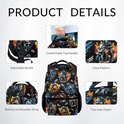 Image of Kids Backpack Set - Motorcycle Backpacks for Boys - 3Pcs Toddler Bookbag with Lunch Box Pencil Case - Boys School Bag for Kindergarten /Preschool /Elementary (17 Inch)