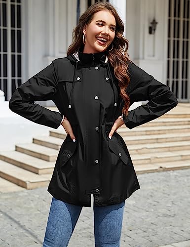Lomon Women Rain Jacket Lightweight Hooded Jackets Women Lined Trench Coats Waterproof Outdoor Hiking Raincoat Black M thumb #2