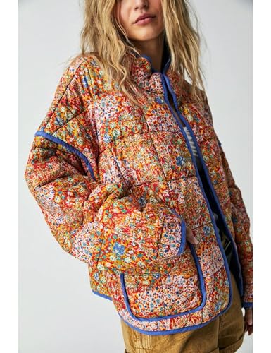 Womens Cropped Quilted Lightweight Jackets Floral Printed Open Front Puffer Coat Cardigan2