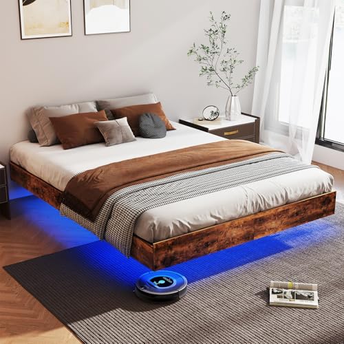 Floating Bed Frame Queen with LED Lights, Metal Platform Queen size Floating Bed Frame with Under Bed Storage, Heavy Duty Steel Slats Support, No Box Spring Needed, Noise Free, Easy Assembly, Brown
