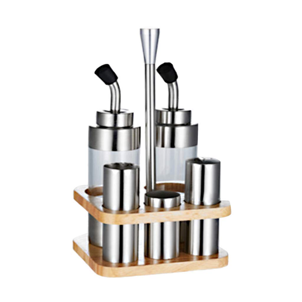 Aceitera de acero inoxidable + pimentero + dispensador de palillos de dientes con soporte de madera para cocina, hotel, restaurante