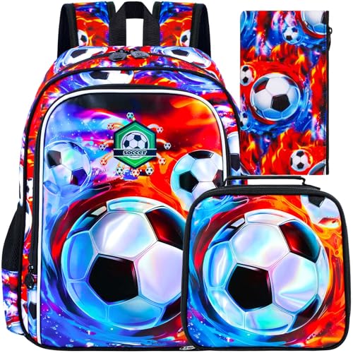 ZLYERT Lot de 3 sacs à dos de football pour garçons - 40,6 cm - Sac à dos d'école de football avec boîte à déjeuner - Sac à livres pour enfants - Pour école primaire et maternelle (glace et feu),