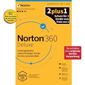 Norton 360 Deluxe 2022, 2+1 Edition, Antivirus, Unlimited Secure VPN, Password Manager | 3 Geräte | 1 Jahr | PC/Mac/Android | Aktivierungscode in Originalverpackung