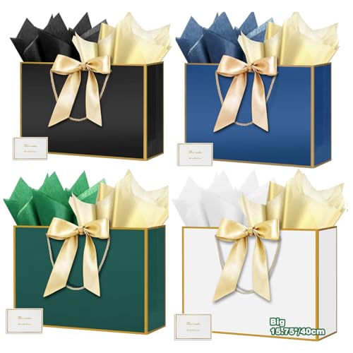 HONTIUS 15.75'' Sacchetti Regalo, 4 Pezzi Sacchetto Regalo Grande Grandi Maxi XXL, 40*30*12.5cm Busta regalo grande con Carta Velina e Carte, Borsa Regalo per Nozze Natale Aziendale Festa Compleanno J