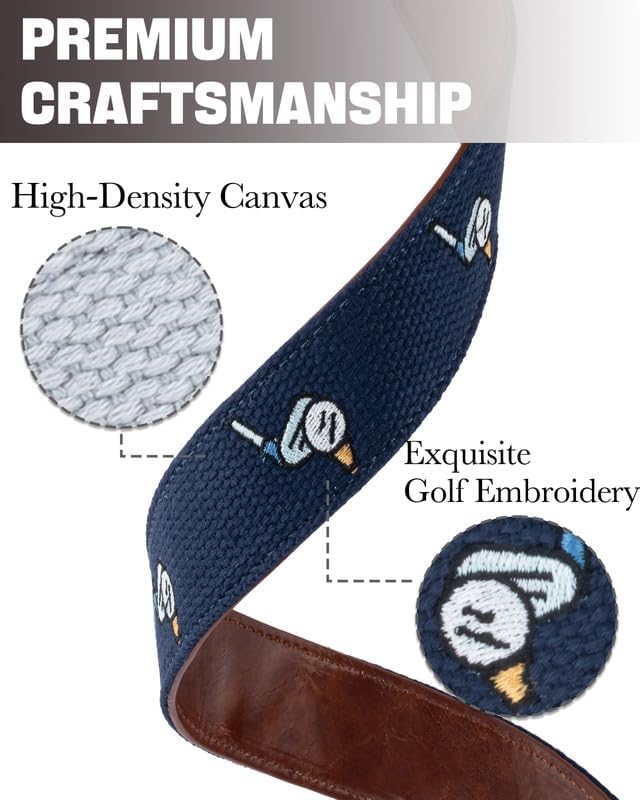Men's Golf Belt - Embroidered Canvas & Faux Leather Hybrid Belt, Pin Buckle, Golf Gifts for Men, 1 3/8"