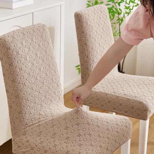 Image of HOMETHREADS Elastic Jacquard Chair Cover Stretch Removable Washable Short Dining Chair Cover Protector Seat Slipcover (D Beige, Pack of 6)