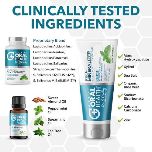 Image of Dentist Formulated Oral Health System with Fluoride Free Remineralizing Nano Hydroxyapatite Toothpaste, OraRestore Mouthwash Concentrate & Oral Probiotics for Bad Breath, Enamel Strength, Oral Balance