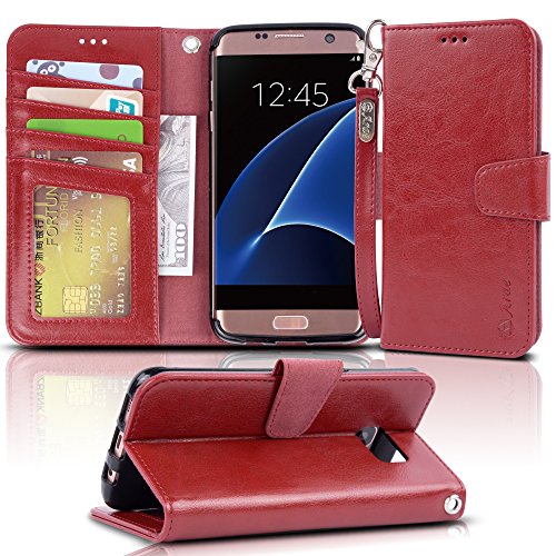 Arae Case Compatible for Samsung Galaxy s7 edge, [Wrist Strap] Flip Folio [Kickstand Feature] PU leather wallet case with ID&Credit Card Pockets (wine red)