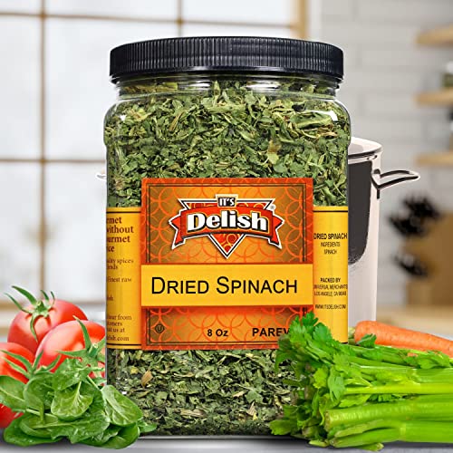 Gourmet Chopped Dried Spinach Flakes By Its Delish, 8 Oz Jumbo Reusable Container | Premium Natural Dehydrated Spinach Leaves For Cooking, Camping, Backpacking - Easy To Use For Sauces, Soup, Dips #TOP1