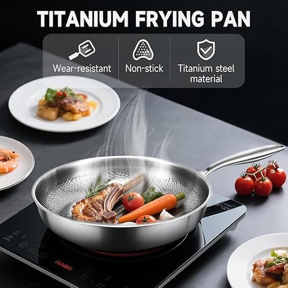 Titanio – Pure Titanium Non-Stick Pan, Coating-Free and Chemical-Free, 100% Pure Titanium Construction, Scratch-Resistant, Rapid Heat Conduction, Includes Lid, Suitable for All Hobs (20cm)