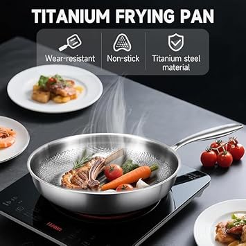 Titanio – Pure Titanium Non-Stick Pan, Coating-Free and Chemical-Free, 100% Pure Titanium Construction, Scratch-Resistant, Rapid Heat Conduction, Includes Lid, Suitable for All Hobs (20cm)