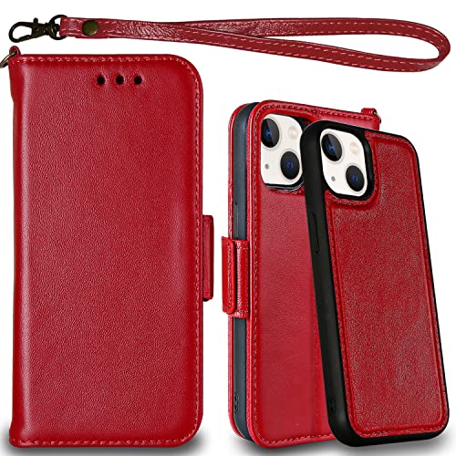 Mefon Genuine Leather Folio Wallet Case For Iphone 13, Magsafe Wireless Charging Compatible, Rfid Card Protection, Luxury Flip Phone Cases Cover, Magnetic Detachable, Tempered Glass Included (Red) #TOP5