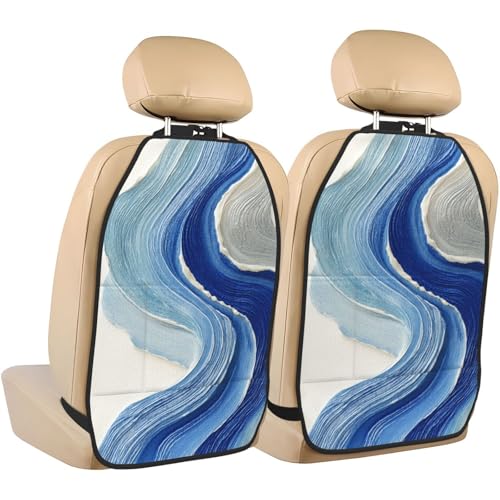 Abstract Watercolor Flowing Silver Blue Brushstrokes Car Seat Back Kick Protectors,2 Pack Kick Mats with Storage Pockets for Vehicles to Protect from Dirt Mud Scratches